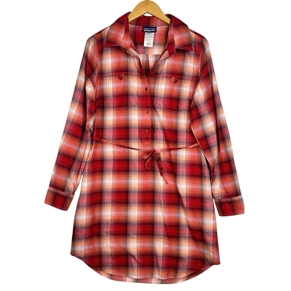 Patagonia Plaid Shirt Dress 12 Organic Cotton Blend Long Sleeve Belted Orange